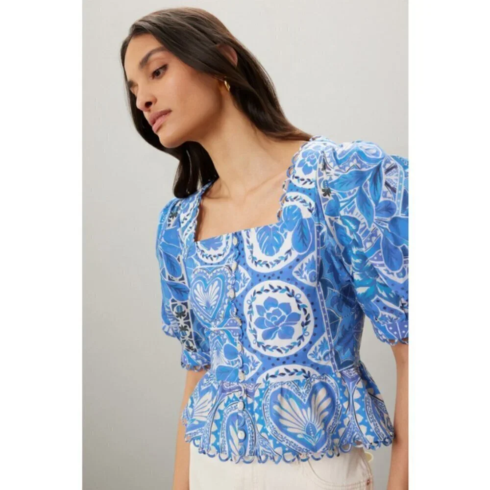 💕FARM RIO💕 Blue Tile Dream Short Sleeve Blouse ~ Floral Large L NWT *DAMAGED*